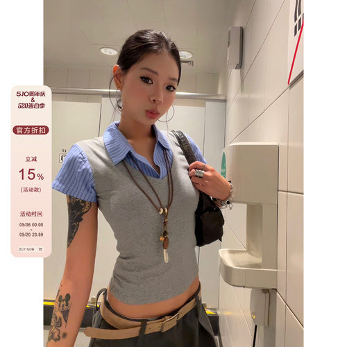 【F383】假两件衬衫拼接短袖