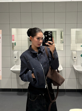 F383 美式复古铆钉短款夹克高级质感翻领外套女辣妹休闲百搭上衣