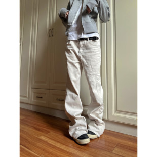 F383 2026美式复古修身直筒显瘦百搭米白色线条休闲牛仔裤男女ins
