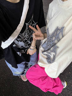 情侣夏季 复古蜘蛛网字母印花短袖 宽松T恤 2023AW国潮原创美式 F383