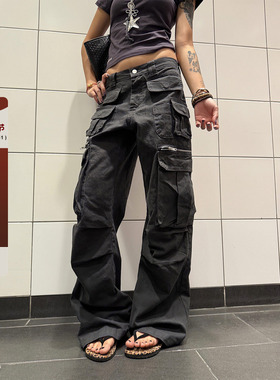 F383 2025美式复古多口袋设计工装裤宽松休闲直筒拖地长裤男女ins
