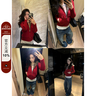 外套女高级感拉链修身 F383 开衫 复古辣妹毛领针织衫 显瘦上衣 美式