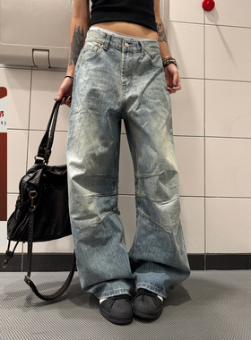 F383 2026美式复古竹节纹弯刀牛仔裤纹理感cleanfit褶皱长款男女