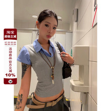 F383 2025美式复古假两件衬衫拼接短袖上衣修身休闲辣妹衬衣女ins
