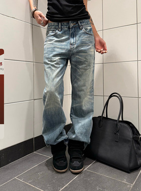 F383 美式复古水洗做旧猫须纹垂感牛仔裤直筒宽松显瘦百搭裤子ins