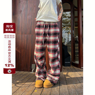 格紋抽繩長褲 F383 2025美式 復古個性 男女ins 松弛感休閑百搭拖地褲