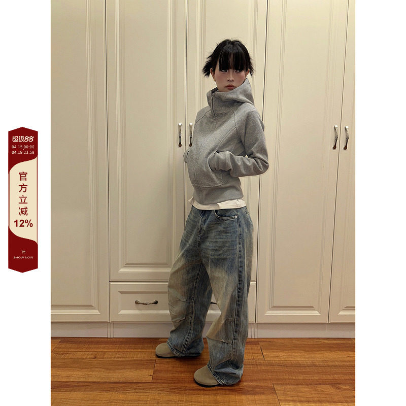 F383 2026灰色短款连帽卫衣女早秋新款修身显瘦长袖美式拉链外套