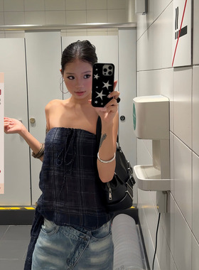 F383 美式复古一字肩背心女暗纹藏青色外穿抹胸辣妹性感修身上衣