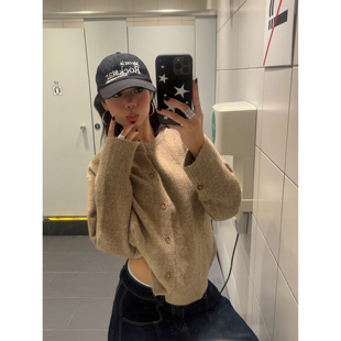 宽松显瘦休闲百搭慵懒风上衣 复古简约圆领针织开衫 F383 2026美式