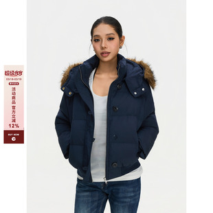 F383 美式复古藏青色休闲百搭短款棉袄毛领加厚保暖棉服外套女ins