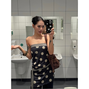 条纹抹胸连衣短裙女夏 复古时髦辣妹小众设计感圆点短袖 F383 美式