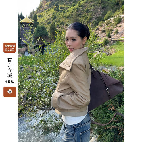 F383翻领斜边拉链夹克外套