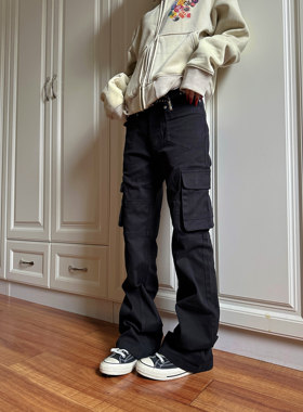 F383 直筒微喇工装裤男女宽松显瘦美式复古cleanfit休闲牛仔裤子