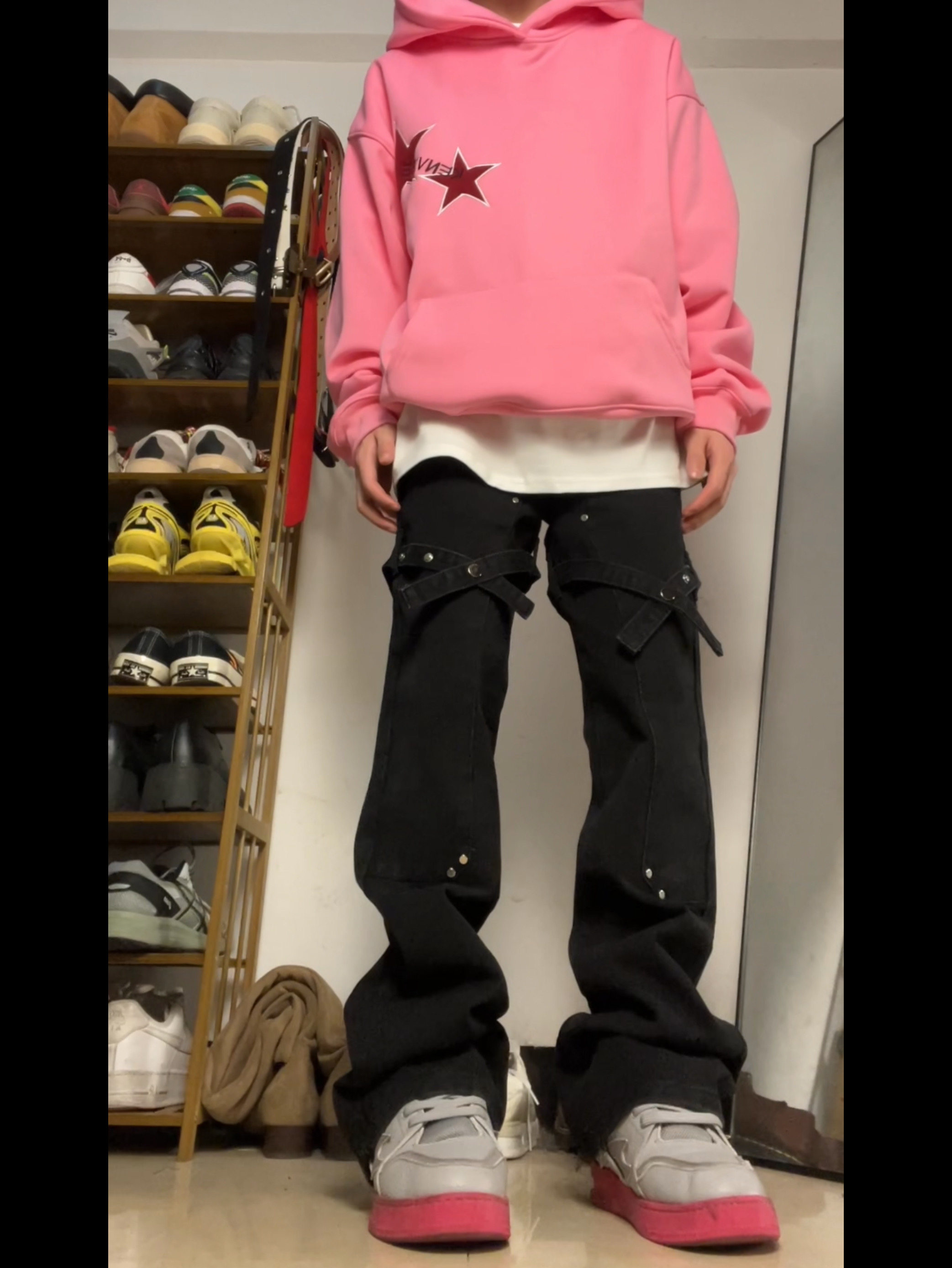 F383 2023AW国潮原创绑带微喇叭直筒牛仔裤黑色休闲工装裤男女ins