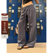 美式 新款 复古薄款 F383 蓝色格子休闲长裤 女夏季 低腰宽松阔腿裤 子