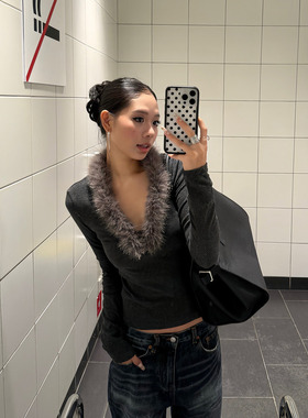 F383 美式复古高级感气质长袖上衣毛毛V领修身显瘦内搭辣妹T恤女