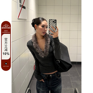 上衣毛毛V领修身 复古高级感气质长袖 显瘦内搭辣妹T恤女 美式 F383