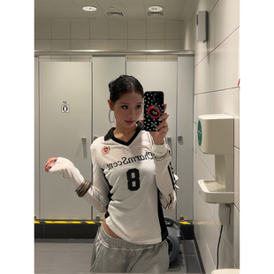 显瘦修身 复古运动球衣T恤字母印花撞色v领防晒长袖 辣妹 美式 F383