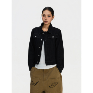 F383 美式复古牛仔原色宽松外套男女纯色休闲百搭翻领短款夹克ins