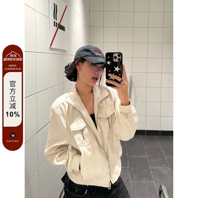 F383 美式复古竖拉链cleanfit短款修身翻领夹克多口袋外套男女ins