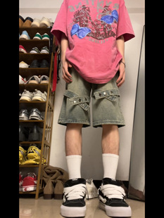 子 男女潮牌直筒宽松裤 F383 2023AW国潮原创纽扣绑带设计牛仔短裤