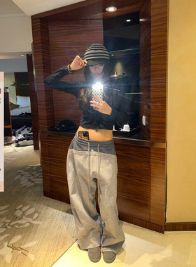 F383 美式复古设计感拼接格子阔腿休闲裤女宽松显瘦百搭垂感长裤