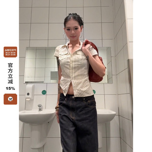 F383 夏季粉色条纹正肩掐腰剪裁设计感衬衫短袖女上衣百搭潮辣妹