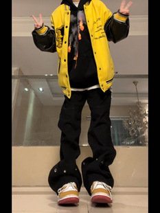 潮 男女宽松直筒显瘦微喇叭裤 F383 2022AW国潮原创纽扣设计感长裤