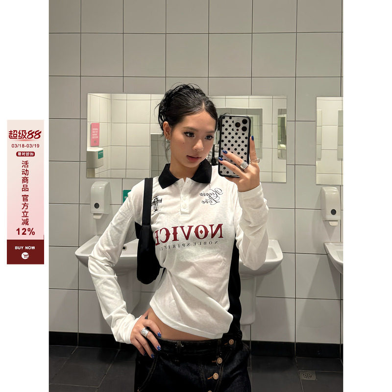 F383 美式复古潮牌字母印花POLO领T恤女薄款夏季修身显瘦长袖罩衫