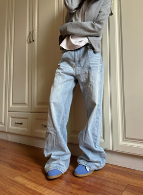 F383 2026美式复古猫须浅蓝色牛仔裤男cleanfit直筒宽松显瘦裤女