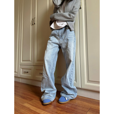 【F383】拉链纯色牛仔裤