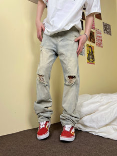 美式 男女宽松直筒长裤 vibe 2024AW国潮原创黄泥染破洞牛仔裤 F383