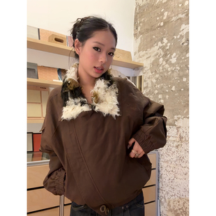 F383 复古座山雕奶牛纹毛绒加厚棉衣男女宽松保暖棉服外套ins 美式