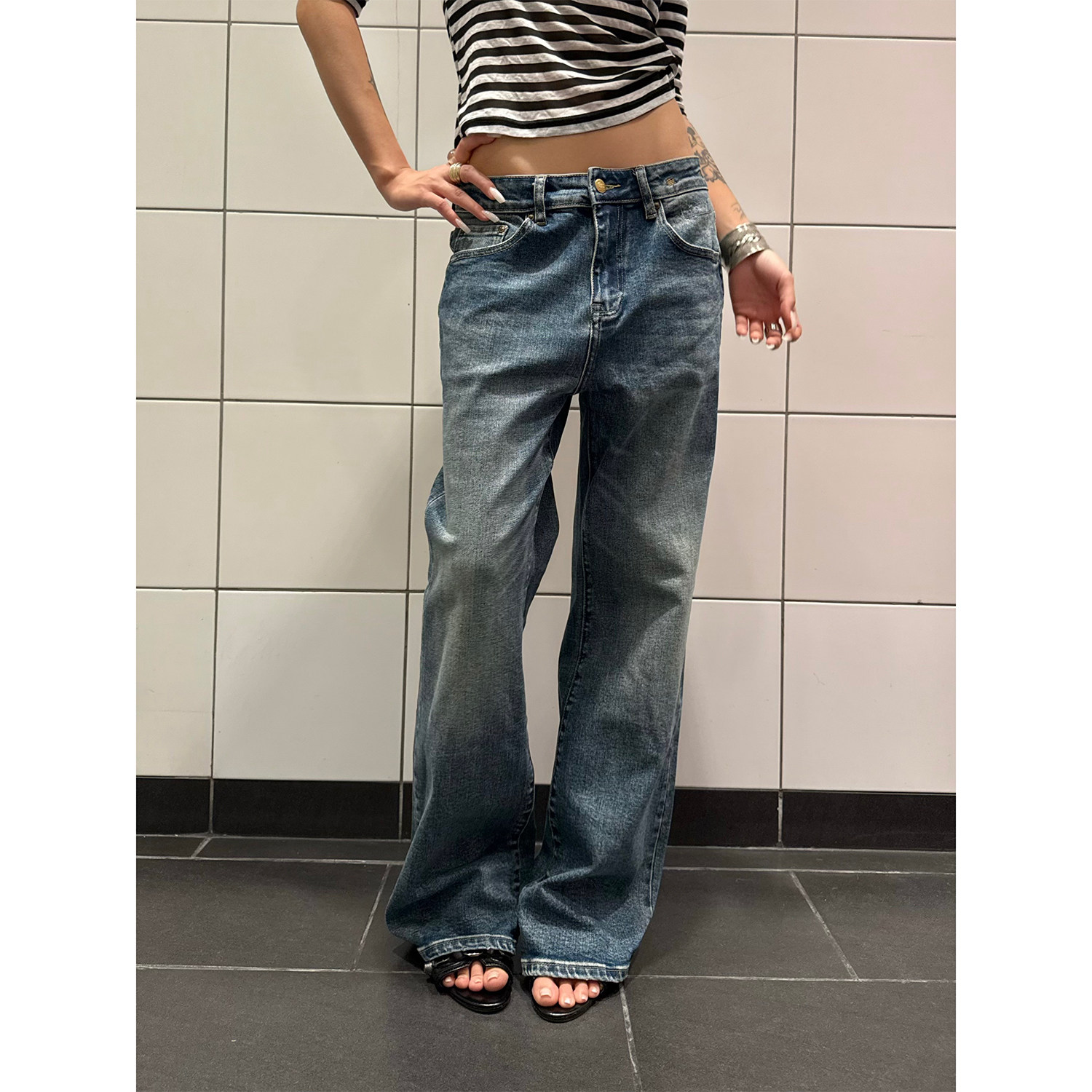 F383 美式复古水洗压痕阔腿牛仔裤男女cleanfit宽松百搭垂感长裤