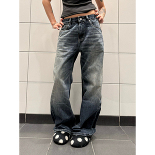 男女高级感宽松直筒百搭长裤 复古水洗猫须深蓝牛仔裤 ins 美式 F383