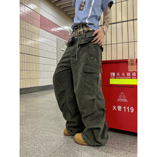 F383 美式复古设计感多口袋褶皱工装裤男女宽松拉链休闲直筒长裤