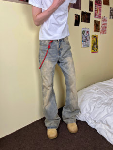 F383 ins 2024AW国潮原创水洗做旧黄泥自带侧边链条百搭直筒牛仔裤