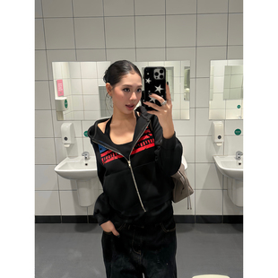 卫衣男女宽松休闲百搭外套ins 复古字母旗帜印花连帽开衫 F383 美式