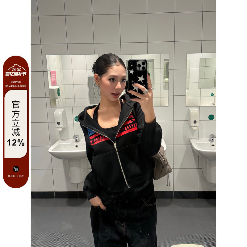 F383 美式复古字母旗帜印花连帽开衫卫衣男女宽松休闲百搭外套ins