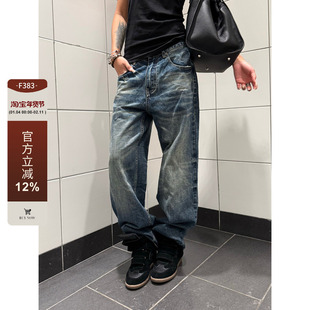 F383 美式复古高街直筒宽松阔腿深色牛仔裤男女款垂感百搭长裤ins