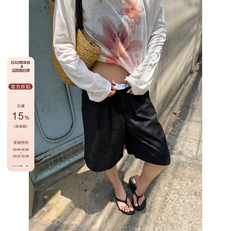 F383 美式复古垂感褶皱五分西裤夏薄休闲阔腿廓形西装短裤男女ins