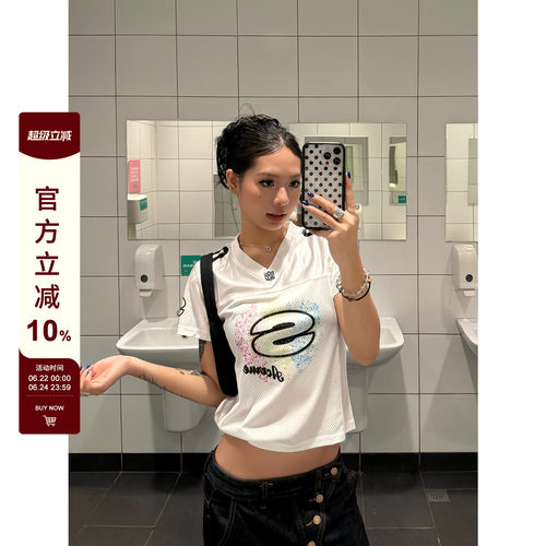 F383运动镂空V领印花球衣短袖T恤