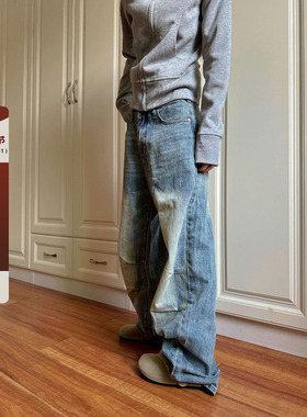 F383 2026美式复古cleanfit褶皱做旧牛仔裤男女阔腿直筒百搭裤子