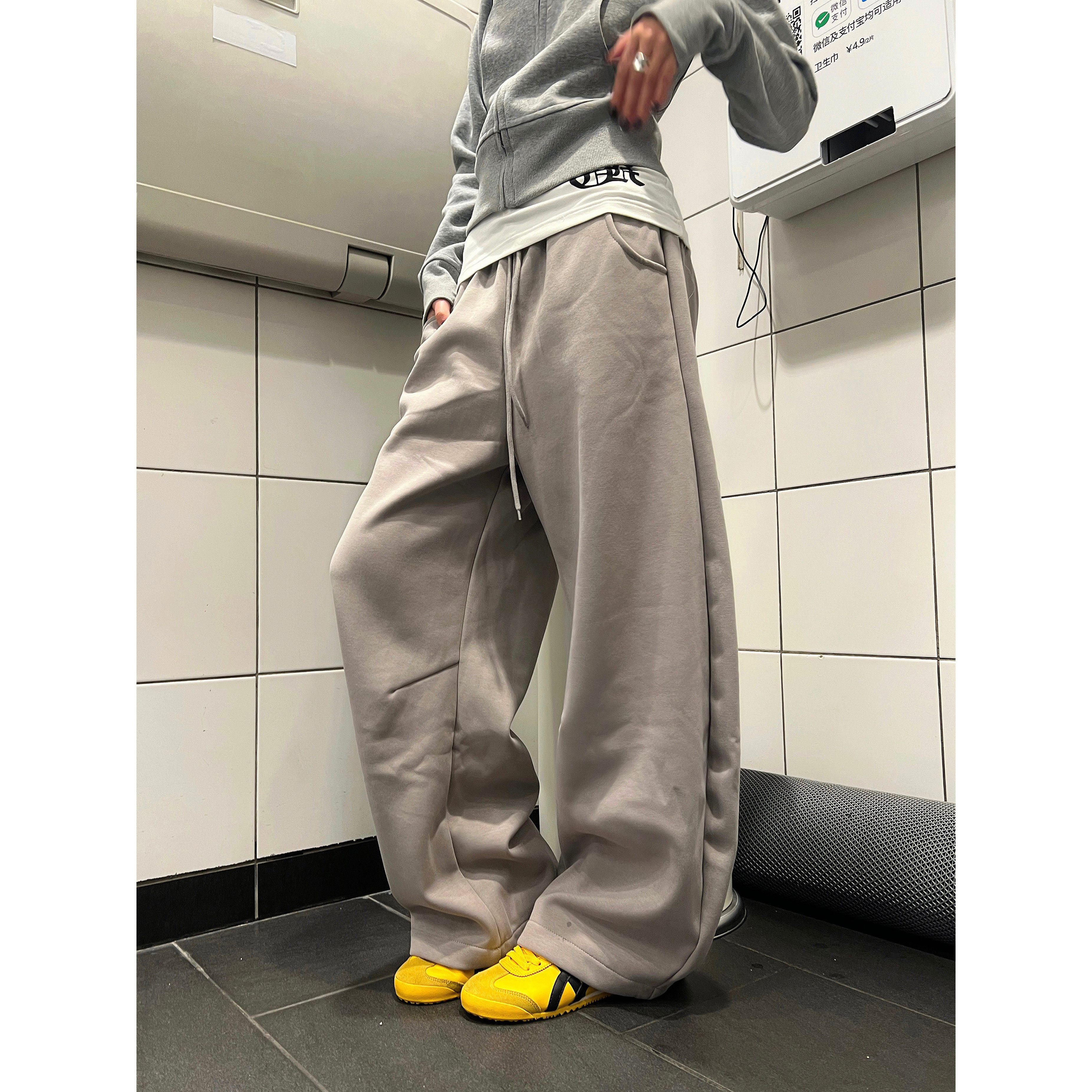 F383 2025美式复古抽绳阔腿柔软长裤慵懒感口袋卫裤百搭宽松男女