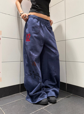 F383 美式复古印花设计松紧腰阔腿垂感拖地卫裤男女宽松休闲慵懒