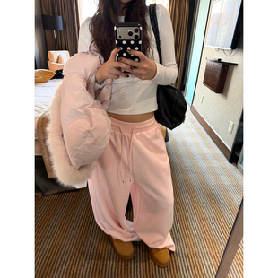 F383 美式复古粉色简约慵懒风卫裤女宽松休闲直筒拖地阔腿裤子ins