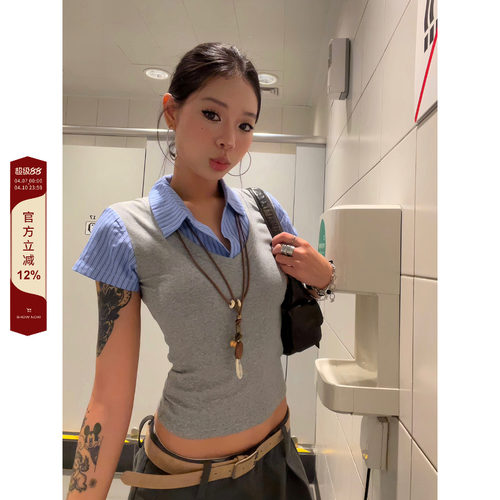 【F383】假两件衬衫拼接短袖