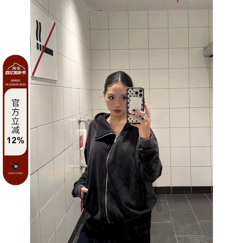 F383 美式复古水洗拉链卫衣做旧宽松连帽cleanfit外套上衣男女ins