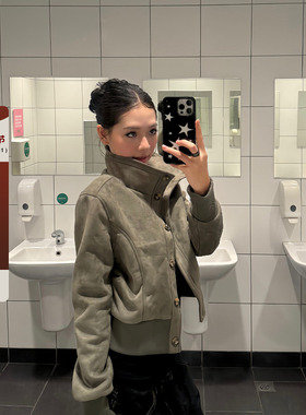 F383 美式复古短款立领修身百搭夹克女收腰显瘦设计感高领外套ins