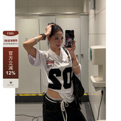 复古数字徽章V领运动风T恤夏季 F383 美式 hiphop宽松休闲街头球服